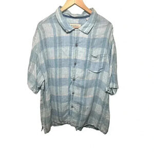 Tommy Bahama XXL Shirt Blue Plaid Linen Button Down Front Short Sleeve Mens